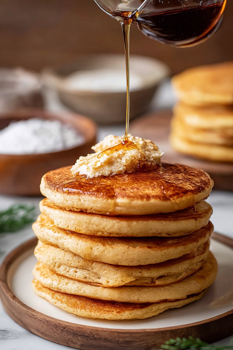 A stack of six thick, round pancakes with a golden brown color sits on a white wooden plate. On top of the stack, there are two small rounded scoops of creamy butter with a sprinkled light brown spice, slowly melting. A golden syrup is being poured in a thin stream over the butter and pancakes, glistening as it flows down the side. In the background, there is a blurred glass of dark coffee and an out-of-focus stack of more pancakes on a white plate, all placed on a white marbled surface. Photo taken with an iphone --ar 2:3 --v 7