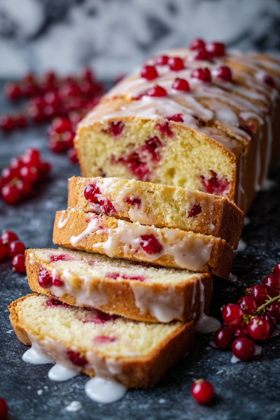 Four slices of yellowish cake with red cranberry pieces inside are stacked on a dark rough surface with white icing drizzled on top. There are whole red cranberries scattered around the cake on the surface. To the right is a sliced orange showing its bright orange inside. The texture of the cake looks soft and moist with crumbs around. Photo taken with an iphone --ar 2:3 --v 7