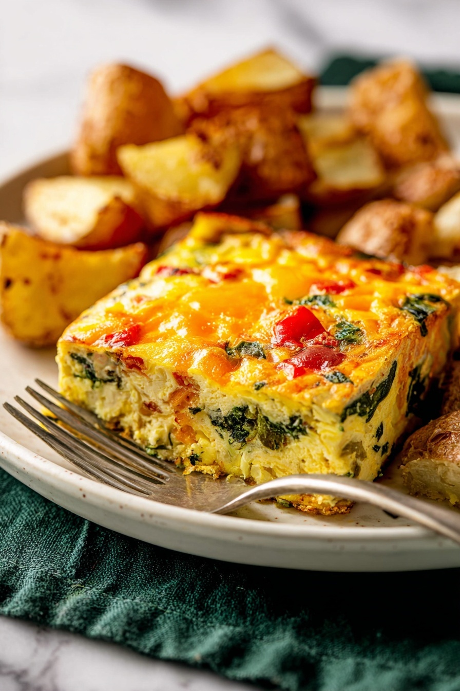 The image shows a close-up of a baked dish cut into square pieces inside a clear glass baking dish on a white marbled surface. Each piece has multiple layers, starting with a light golden crust at the bottom, followed by a mixture of finely chopped vegetables including visible green spinach and small red pepper pieces. The top layer is a melted orange-yellow cheese with a slightly browned, bubbly texture. A metal spatula is lifting one square piece, showing the layers from the side with a soft and moist texture. Crumbs and small bits of vegetables scatter around the dish. Photo taken with an iphone --ar 2:3 --v 7