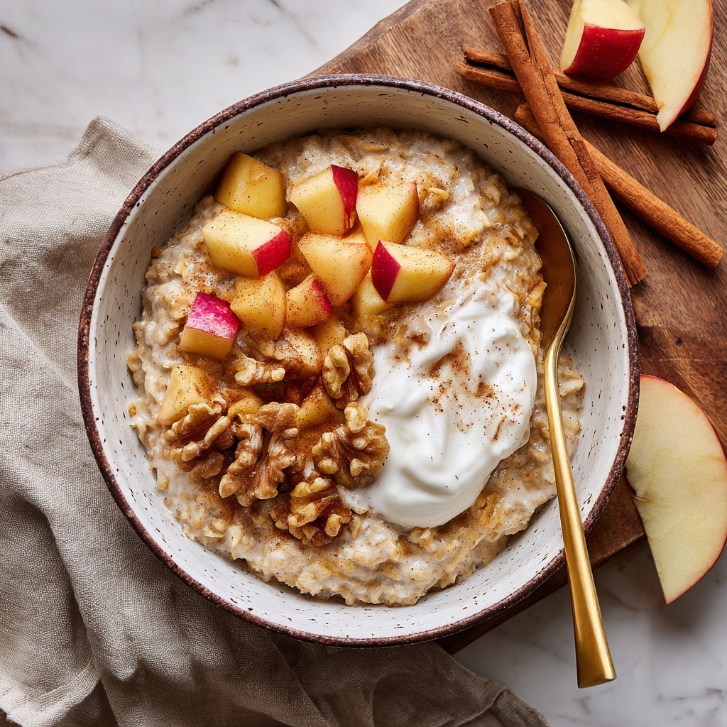 The image shows a round, rustic bowl filled with creamy oatmeal that has small pieces of apple mixed inside, giving the oatmeal a light tan color with bits of pale white and red from the apple pieces. On top of the oatmeal, there are three distinct toppings arranged in sections: a pile of chopped walnuts with their rough brown texture on the bottom left, a dollop of smooth white yogurt placed close to the walnuts in the center, and cooked apple slices with shiny, soft light yellow flesh and red skin on the top right. A gold spoon rests on the right edge inside the bowl. The bowl sits on a dark brown wooden board, with a beige cloth draped to the right and cinnamon sticks and sliced raw apple placed around the bowl on a white marbled surface. Photo taken with an iphone --ar 2:3 --v 7