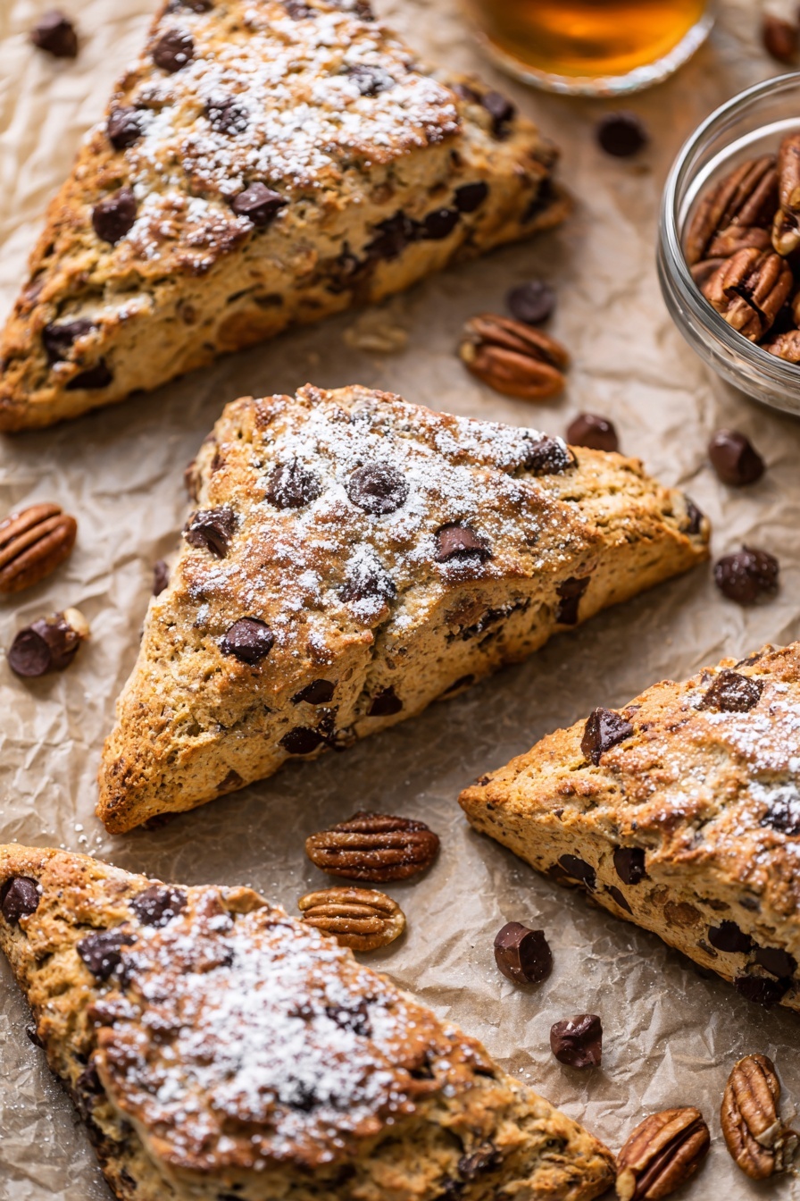 Three triangular scones are placed closely on a beige crumpled paper surface with a white marbled texture underneath. Each scone has a golden brown crust with visible chocolate chunks embedded on the surface and some melted into small pools. The rough, crumbly texture is highlighted by light dusting of white powdered sugar scattered unevenly on top. Some scone pieces show visible nuts, adding more texture, and the edges are slightly crisp and cracked. The photo taken with an iphone --ar 2:3 --v 7