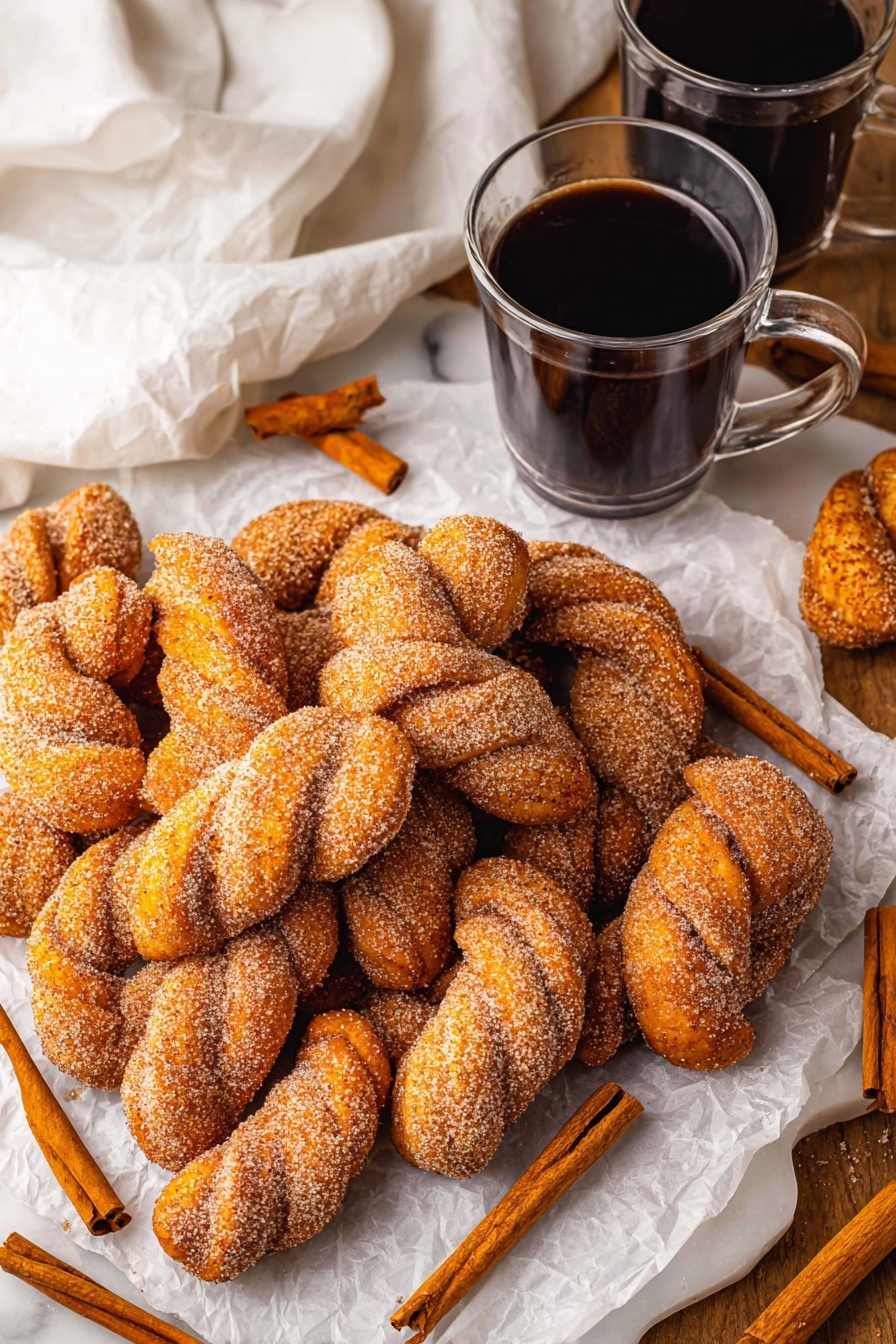 The image shows a large pile of twisted cinnamon sugar doughnuts with a rough sugar coating, piled high on white parchment paper. The doughnuts have a golden brown color with a slightly crunchy texture from the cinnamon sugar. Scattered around the doughnuts are several cinnamon sticks in various sizes, adding a warm shade of brown. Behind the doughnuts, there are two clear glass cups filled with dark coffee, resting on a white marbled surface. A cream-colored cloth with a black stripe is casually placed in the background, adding softness to the scene. The photo taken with an iphone --ar 2:3 --v 7