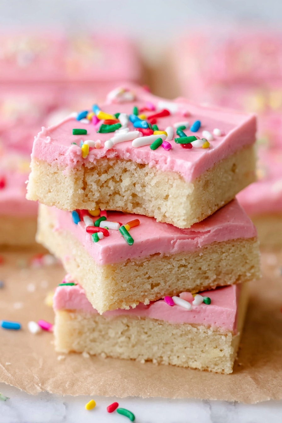 The image shows a close-up of a stack of three square sugar cookie bars on a white marbled surface. Each bar has a thick beige cookie base with a smooth layer of bright pink frosting on top. The top bar has a small bite taken out of its front side, revealing the soft texture of the cookie inside. Colorful sprinkles are scattered on the frosting of the top bar and a few are lying on the white marbled surface around the stack. The background is softly blurred, showing more similarly frosted cookie bars in soft pink tones. photo taken with an iphone --ar 2:3 --v 7