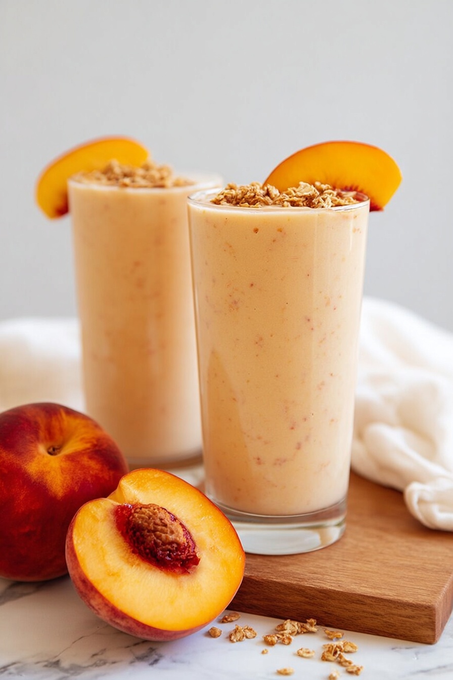 Two tall clear glasses filled with creamy light peach smoothies, each topped with small chunks of peach and sprinkled with granola. A fresh peach slice is placed on the rim of each glass. The drinks sit on a wooden board along with a whole peach and two peach halves, one with a dollop of nut butter in the center. Some granola pieces are scattered on the wooden surface. The background is a white marbled texture. Photo taken with an iphone --ar 2:3 --v 7