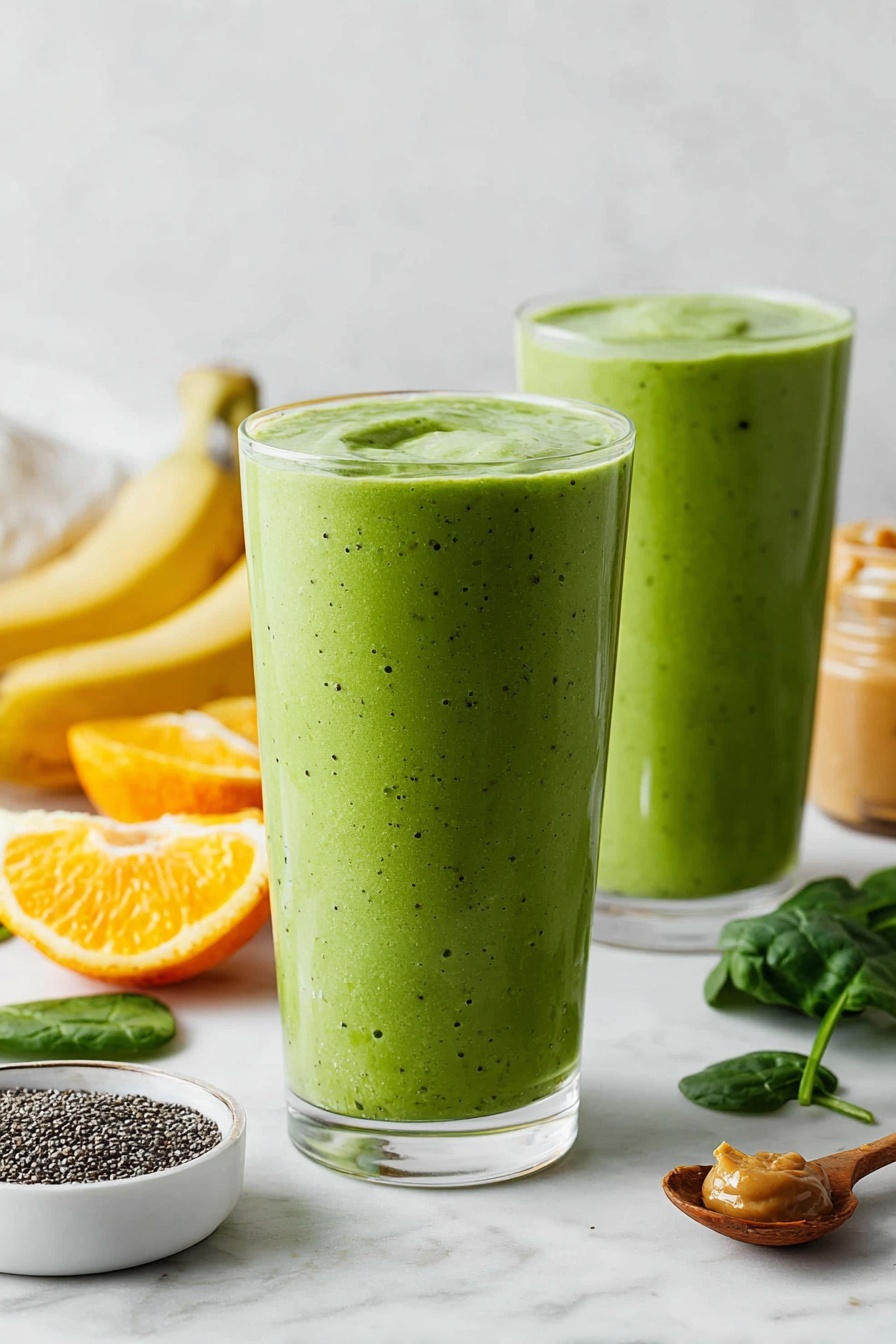 Two tall clear glasses filled with smooth, bright green smoothie with small dark specks, each glass filled almost to the top showing a slightly uneven surface; positioned on a white marbled surface with one glass closer in front and one behind slightly blurred; around the glasses are whole bananas in a bunch on the left, fresh spinach leaves close by, a small white bowl with dark seeds and a wooden spoon, and peeled orange segments scattered on the right; soft natural light brightens the scene with a white blurry background photo taken with an iphone --ar 2:3 --v 7