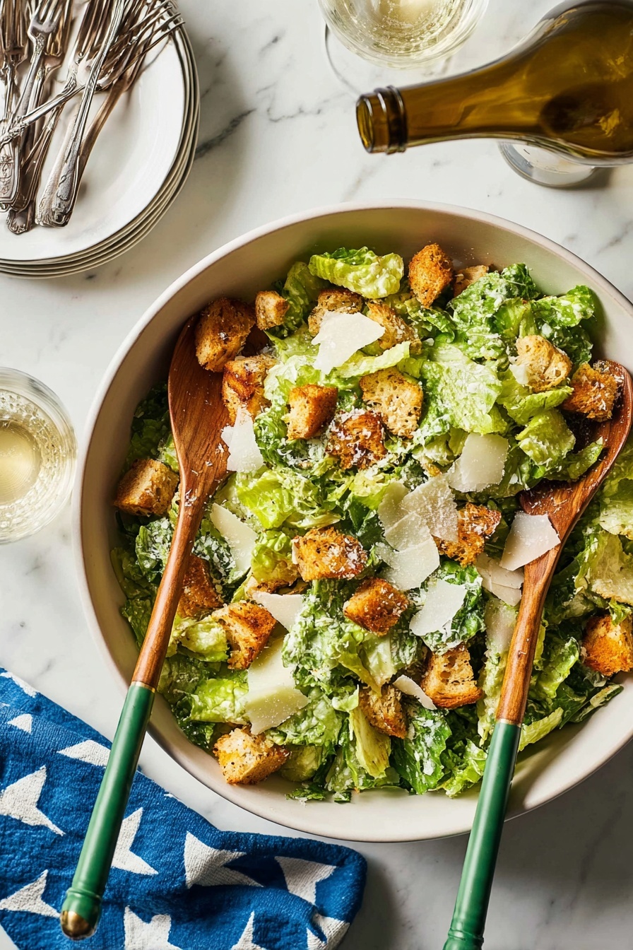 A white bowl filled with a Caesar salad, showing green romaine lettuce leaves torn into pieces as the base layer, topped with golden brown croutons scattered evenly, and thin pale beige shavings of Parmesan cheese spread across the top. Two wooden salad servers with green handles rest inside the bowl on the right side. In the background, there is a white plate holding four old-fashioned silver forks, a glass being filled with pale white wine from a green bottle with a blue label and cap, all set on a white marbled surface with a blue cloth having a white heart pattern nearby. photo taken with an iphone --ar 2:3 --v 7