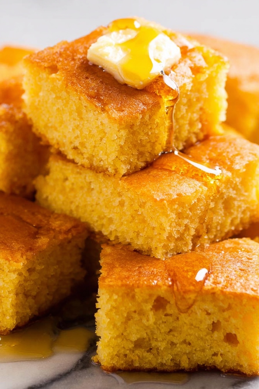 The image shows several square pieces of golden brown cornbread stacked closely together. The top layer is a piece of cornbread with a light, fluffy texture, topped with a small dollop of melting butter in the center that is slowly spreading, with syrup dripping down the sides, giving a shiny appearance. The cornbread has a slightly crumbly surface with a soft interior visible on the edges. The background is a white marbled texture that contrasts with the warm tones of the cornbread. photo taken with an iphone --ar 2:3 --v 7