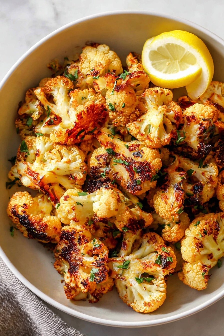 A white bowl full of small pieces of roasted cauliflower with a golden brown color and some blackened crispy spots, sprinkled with green chopped herbs on top, and a bright yellow lemon wedge placed on one side, all set against a white marbled surface photo taken with an iphone --ar 2:3 --v 7