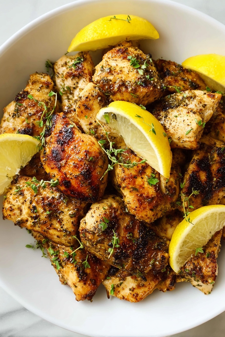 A white bowl filled with about two layers of golden-brown grilled chicken pieces, each piece showing a mix of crispy, charred edges and juicy, tender textures. Bright green chopped herbs are sprinkled evenly over the chicken, adding color contrast. Lemon slices with bright yellow rinds and translucent flesh are tucked between the chicken pieces, providing freshness and visual interest. The bowl is set on a white marbled surface, capturing a close-up view that highlights the smoky grill marks and herb details photo taken with an iphone --ar 2:3 --v 7