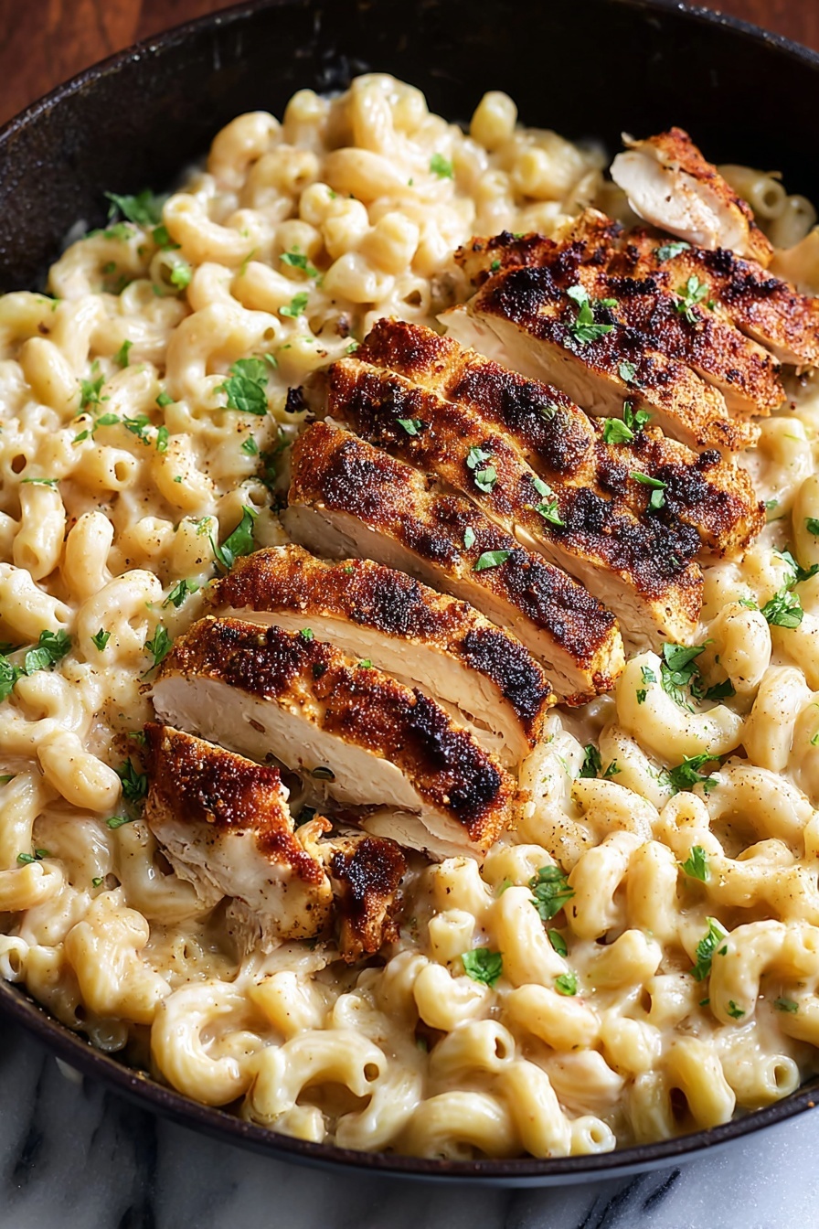 The image shows a black cast iron pan filled with creamy macaroni pasta that has a pale yellow color and smooth texture. On top, there is a layer of sliced golden brown grilled chicken, cooked with a crispy, slightly charred surface and seasoned with black pepper and green herbs. The chicken slices are arranged neatly in the center of the pasta, covering about half of the visible food area. Small green herb pieces are sprinkled over both the chicken and pasta, adding a fresh accent. In the blurred background, there is some green garnish. The overall setting includes a wooden surface but the main focus is on the food inside the pan. Photo taken with an iphone --ar 2:3 --v 7
