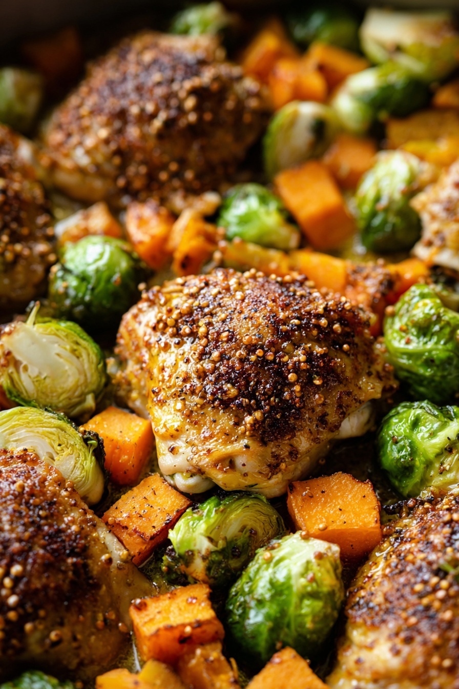 The dish shows a white plate with two cooked chicken pieces in the center, each topped with a grainy brown mustard-like sauce, giving a textured look. Around the chicken, there are bright green halved Brussels sprouts with a slight roasted char and many small orange cubes of roasted butternut squash scattered evenly. A silver fork with a wooden handle rests on the plate, with its tines placed near one chicken piece and Brussels sprouts. The background is a white marbled surface. Photo taken with an iphone --ar 2:3 --v 7