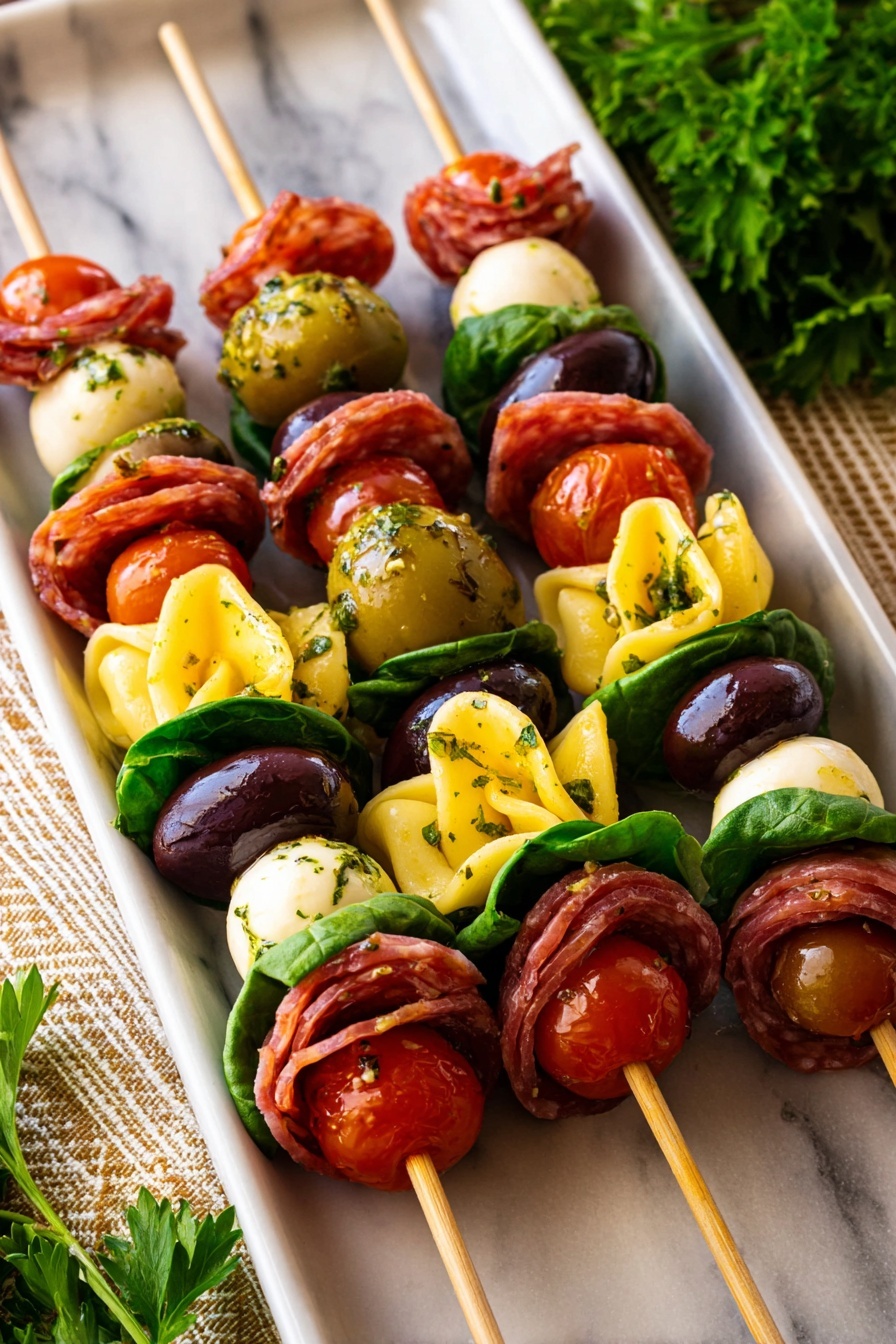 There is a row of skewers laid on a long white plate over a white marbled surface with a beige striped cloth nearby. Each skewer has five layers: at the bottom is a large green olive, followed by a folded slice of red salami, then a white round mozzarella ball wrapped partially with salami, a dark green spinach leaf with a handful of herbs, and a bright red grape tomato. At the top is another folded slice of salami, a yellow stuffed tortellini, and a dark purple olive with a sprinkle of herbs and black pepper. The skewers are wooden and the whole setup looks fresh and colorful. Photo taken with an iphone --ar 2:3 --v 7