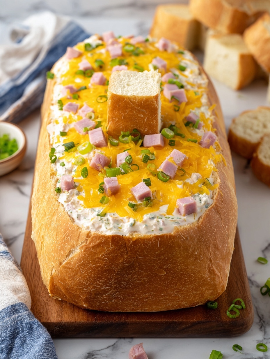 A large, hollowed-out loaf of golden brown bread serves as the base, filled with a creamy white layer mixed with small chunks of pink ham spread evenly inside. On top, there is a melted vibrant yellow cheese layer scattered with finely chopped green onions, and small pink ham cubes sprinkled across the surface. A small piece of bread sticks upright in the creamy filling near one end. The loaf is placed on a wooden board with some torn bread pieces around, all set on a white marbled surface. Nearby, a small white square dish contains red chili flakes. photo taken with an iphone --ar 2:3 --v 7