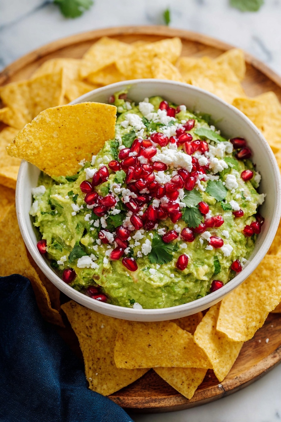 A round white bowl filled with a thick green guacamole at the bottom, topped with bright red pomegranate seeds scattered across the surface, white crumbled cheese sprinkled evenly, and fresh green cilantro leaves placed on top. A single yellow corn chip is placed upright inside the guacamole near the edge of the bowl. The bowl sits on a round wooden board surrounded by large yellow corn chips resting flat and slightly overlapping each other. There are some fresh cilantro sprigs placed near the bowl on the wooden board. The background is a white marbled texture. photo taken with an iphone --ar 2:3 --v 7