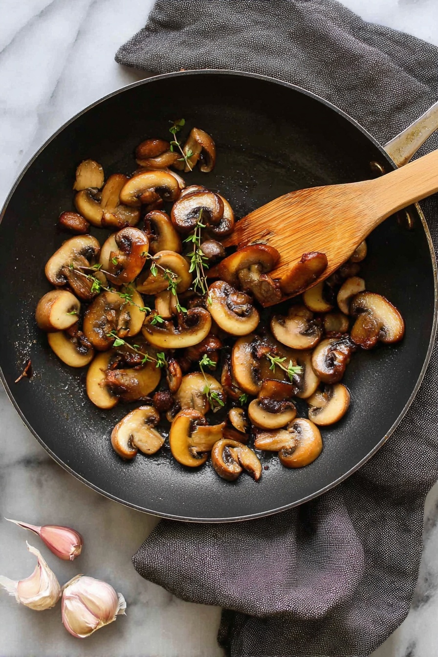 A black frying pan filled with golden brown cooked mushroom pieces mixed with small green herb sprigs. A wooden spatula rests on the right side of the pan, holding some mushrooms. The pan sits on a white marbled surface, with a few garlic cloves and a dark gray cloth nearby. The mushrooms have a slightly shiny texture and look tender from cooking photo taken with an iphone --ar 2:3 --v 7