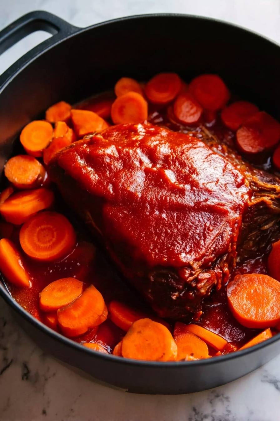 A black pot filled with a thick, dark meat piece covered in bright red tomato sauce, placed in the center. Surrounding the meat are chunky, bright orange carrot slices evenly distributed around the edges. The tomato sauce has a smooth yet slightly coarse texture, coating the meat well, while the carrots have a firm, fresh look. The setting is on a white marbled surface. Photo taken with an iphone --ar 2:3 --v 7