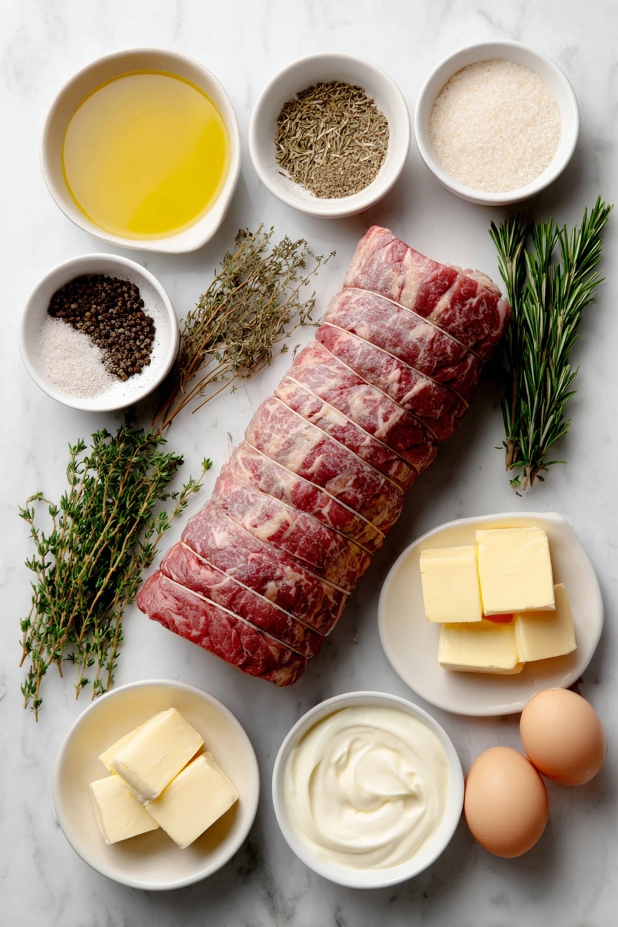 Flat lay of a whole raw beef tenderloin, fresh green sprigs of rosemary and thyme, small white ceramic bowls containing dried oregano, dried thyme, dried rosemary, garlic powder, salt, and fresh ground black pepper, small white bowls with olive oil and melted butter, a few whole uncracked brown eggs (to represent whole eggs as instructed), a small white bowl of sour cream, a small white bowl of mayonnaise, and a small white bowl of freshly grated horseradish placed on a clean white marble surface, soft natural light, photo taken with an iPhone, professional food photography style, fresh ingredients, white ceramic bowls, no bottles, no duplicates, no utensils, no packaging --ar 2:3 --v 7 --p m7354615311229779997