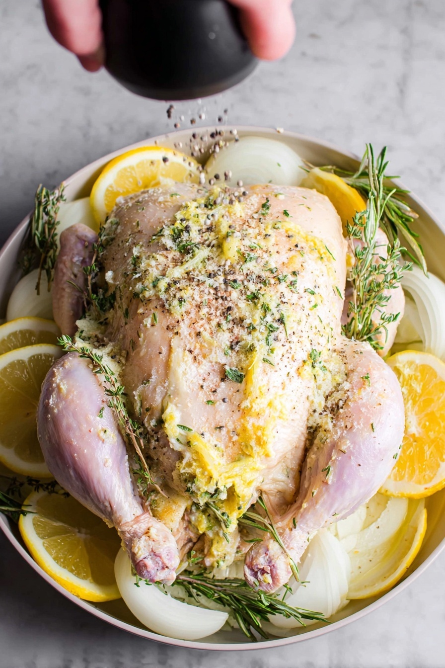 A raw whole chicken sits on a layer of sliced white onions and fresh green herbs like rosemary and thyme, all arranged on a white marbled surface. The chicken is covered with a layer of yellowish herb butter mixed with small bits of green herbs and minced garlic. Around the chicken, there are lemon slices with pale yellow centers and bright yellow rinds. A woman's hand is sprinkling black pepper from a grinder onto the chicken, adding tiny black specks on top of the butter and herbs. The chicken's pale skin contrasts with the colorful seasoning and fresh ingredients below. photo taken with an iphone --ar 2:3 --v 7