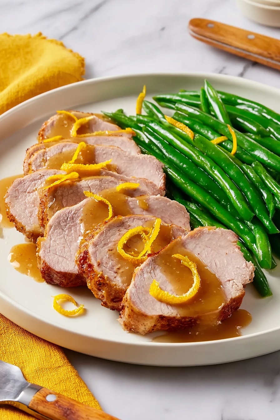 The image shows a white plate with six slices of cooked duck arranged in a semicircle on one side, each slice has a golden-brown crispy skin and light pink meat inside, topped with a shiny brown sauce and thin orange peel strips. On the other side of the plate, there is a neat pile of bright green, glossy cooked green beans. The plate sits on a white marbled surface next to a fork with a wooden handle and a yellow cloth napkin. Photo taken with an iphone --ar 2:3 --v 7