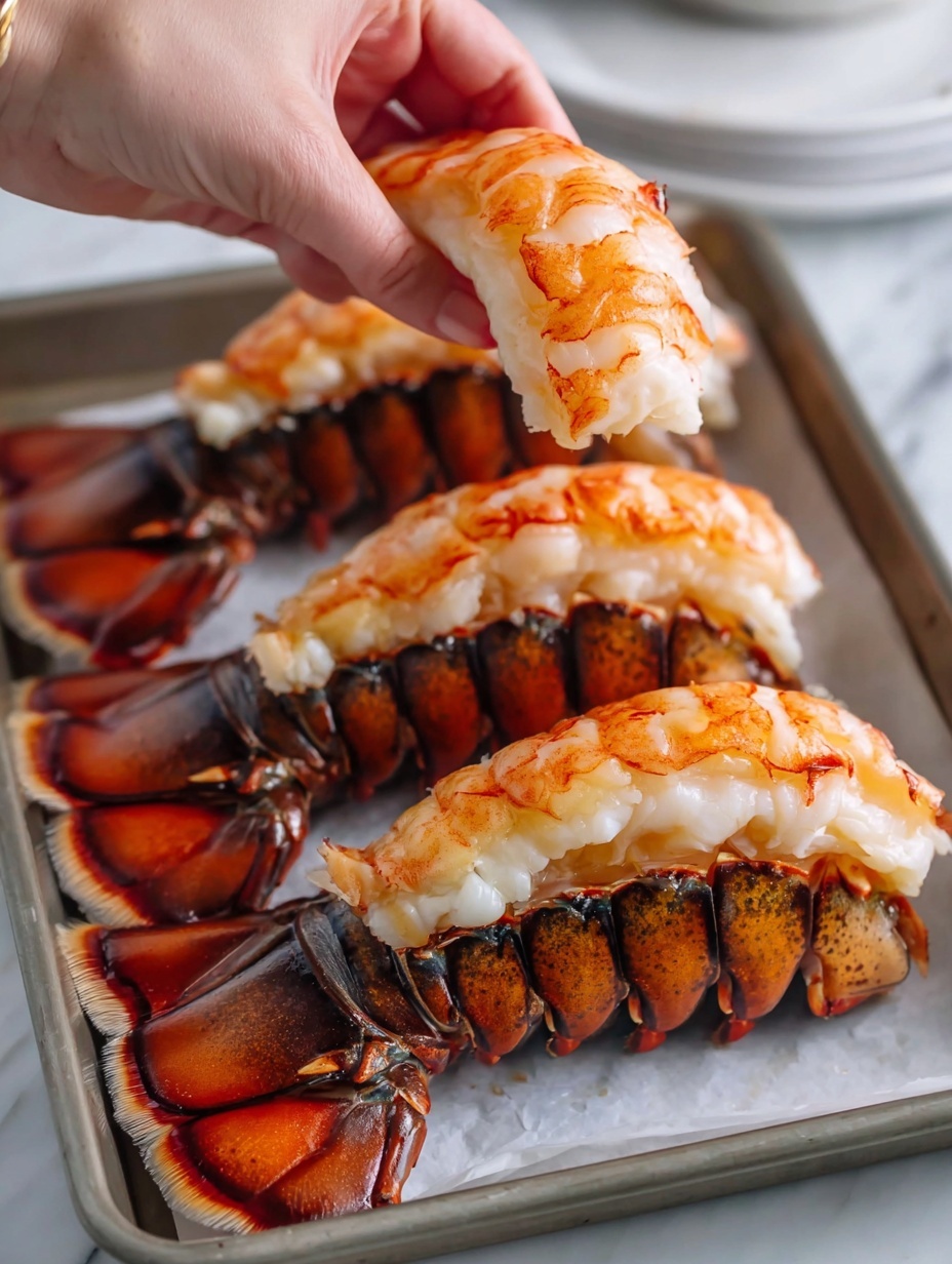 A close-up image shows three lobster tails on a white marbled surface, with a woman's hand picking up the middle tail. Each tail has a dark brown shell base with orange and white cooked lobster meat on top. The lobster meat is split open showing tender, juicy texture with some light char marks, giving it a slightly golden and grilled look. The tails are arranged closely side by side, with a clean and fresh appearance. Photo taken with an iphone --ar 2:3 --v 7