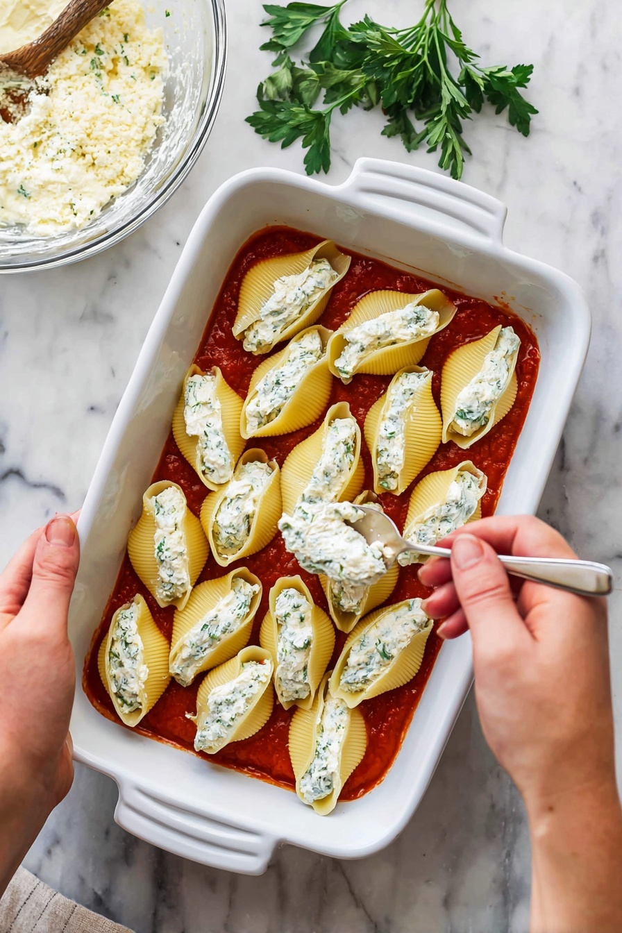 In a white baking dish, there is a base layer of bright red tomato sauce spread evenly. On top of the sauce, there are eight large pasta shells arranged in two rows, each shell stuffed with a creamy white mixture that has green herb flecks. A woman's hand holds one shell while another woman's hand scoops the white filling with a spoon into the shell. In the upper left corner, a glass bowl with more of the white filling is visible. The dish sits on a white marbled surface with a couple of green parsley sprigs nearby. photo taken with an iphone --ar 2:3 --v 7