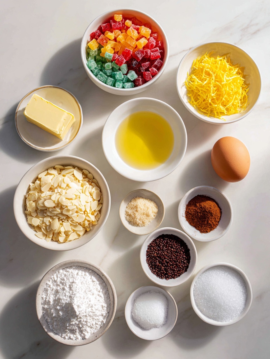 Flat lay of a small pile of finely diced colorful candied fruit, a small mound of chopped whole almonds with skins on, a small white bowl of clear dry sherry, a small white bowl with freshly squeezed lemon juice, a few thin strips of bright yellow lemon zest, a small pinch of coarse salt crystals scattered neatly, a small mound of all-purpose white flour, a tiny heap of warm brown mixed spice powder, a small pat of pale yellow softened butter, a small pile of white granulated sugar, a small pile of dark brown sugar, and one large whole egg with a clean smooth shell, all arranged symmetrically in a balanced layout on simple white ceramic bowls and plates, placed on a clean white marble surface, soft natural light, photo taken with an iPhone, professional food photography style, fresh ingredients, white ceramic bowls, no bottles, no duplicates, no utensils, no packaging --ar 2:3 --v 7 --p m7354615311229779997