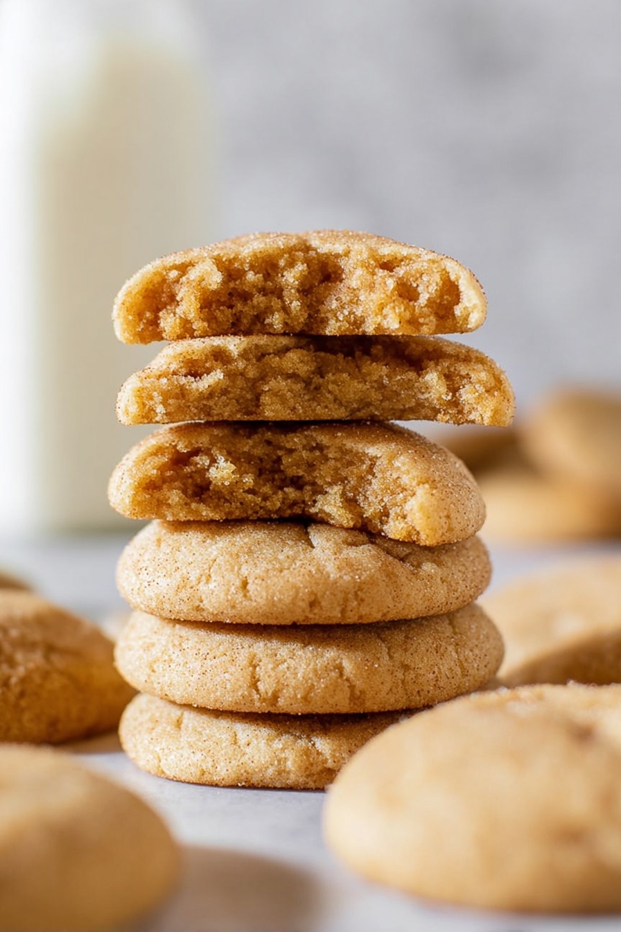 A stack of five soft, golden brown cookies is placed at the center, with the top cookie broken in half showing a crumbly, tender inside. Surrounding the stack are more whole cookies scattered on a white marbled surface. In the blurry background, there is a tall clear bottle filled with white milk. The colors are warm and natural with a soft focus on the cookies. photo taken with an iphone --ar 2:3 --v 7