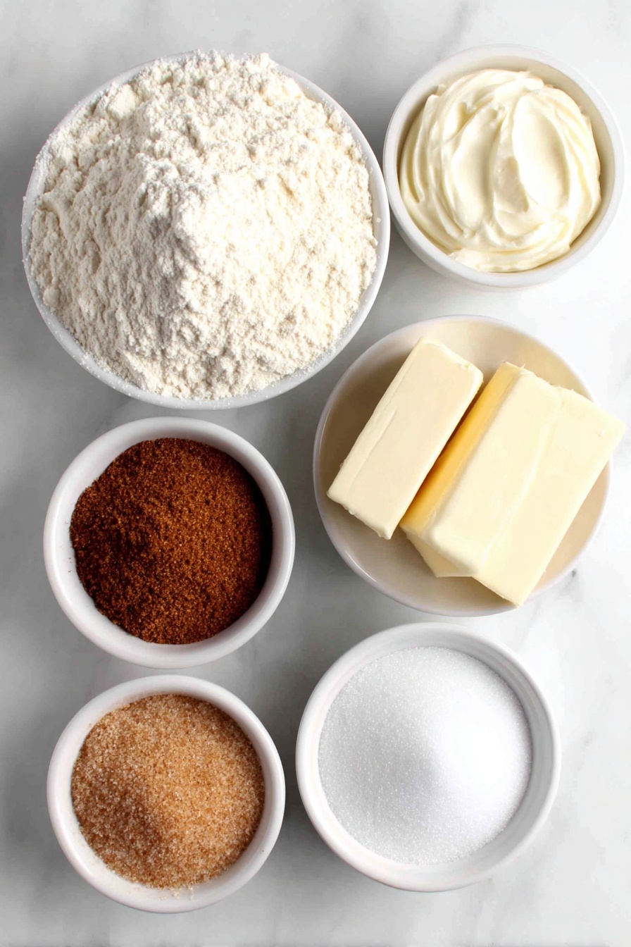 Flat lay of a small mound of fine all-purpose flour, a few teaspoons of cream of tartar in a small white ceramic bowl, a small white bowl with baking soda powder, a small white bowl with ground cinnamon powder, a small white bowl with salt, two sticks of softened unsalted butter, a small pile of granulated sugar beside a small pile of light brown sugar, one large whole egg with clean shell, one whole egg yolk in a small white ceramic bowl, a small white bowl with pure vanilla extract, and a small white bowl containing a mixture of granulated sugar and ground cinnamon, all arranged in perfect symmetry on a clean white marble surface, soft natural light, photo taken with an iPhone, professional food photography style, fresh ingredients, white ceramic bowls, no bottles, no duplicates, no utensils, no packaging --ar 2:3 --v 7 --p m7354615311229779997