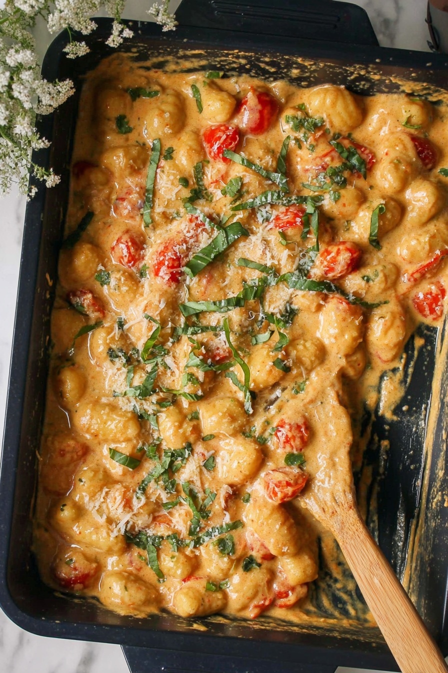 A black rectangular pan holds a creamy gnocchi dish layered thickly with orange-yellow sauce mixed with chunks of gnocchi and bright red cherry tomato pieces. On top, there are scattered fresh green basil leaves and a light sprinkle of white grated cheese. The texture looks soft and rich, with some parts slightly browned around the edges. A wooden spoon rests on the right side inside the pan. The whole pan is set on a white marbled surface, with small white flowers placed near the top left corner photo taken with an iphone --ar 2:3 --v 7