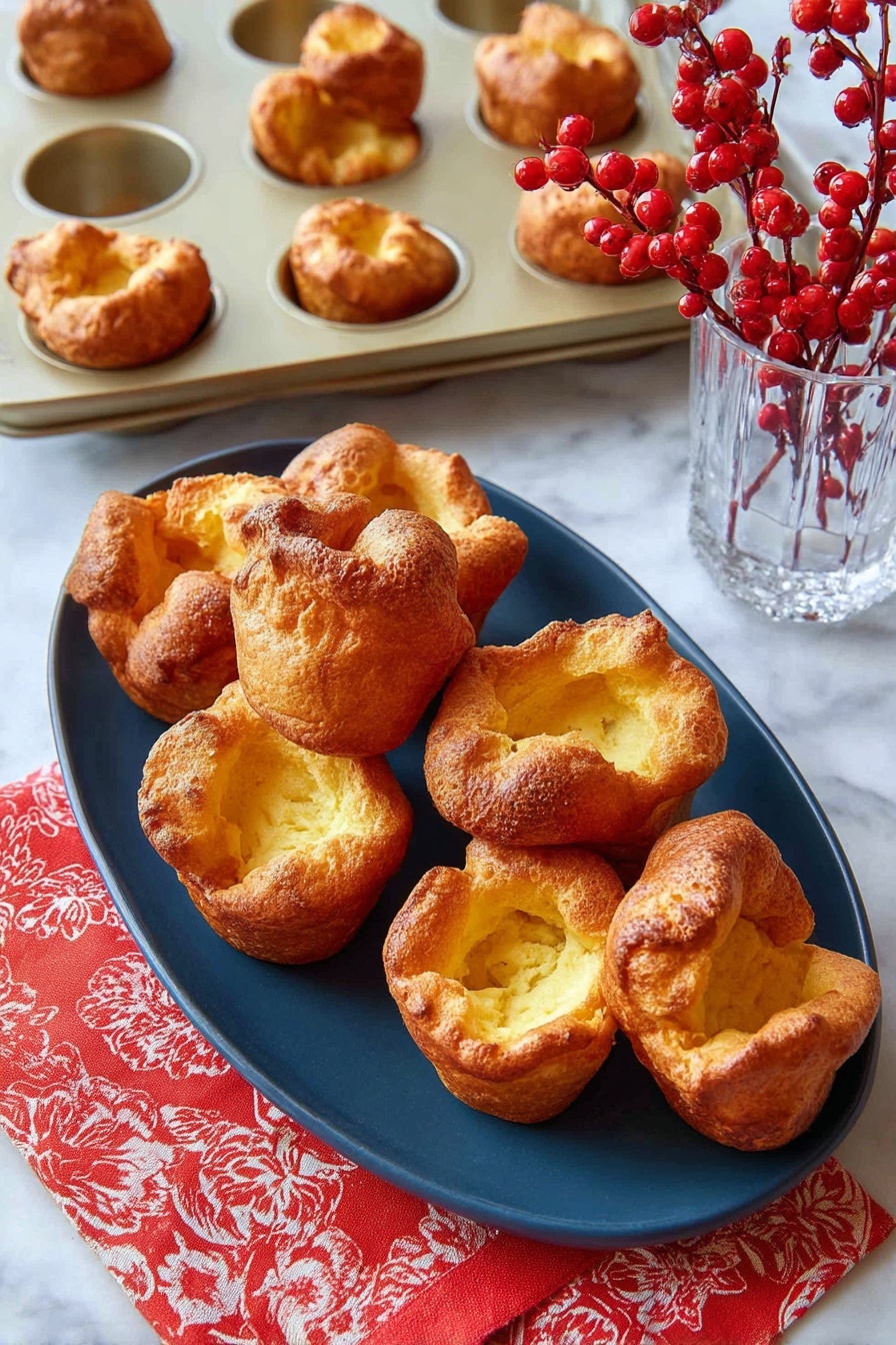 Seven golden-brown popovers with a light, crispy, and puffed texture sit on a deep blue oval plate, with edges curling and hollow centers showing a soft yellow inside. Behind this plate, a beige muffin tray holds four more popovers with similar textures. To the right, a clear glass vase filled with water holds a branch of red berries, adding bright color. A red and white patterned cloth lies partially visible on the white marbled surface under the blue plate. photo taken with an iphone --ar 2:3 --v 7
