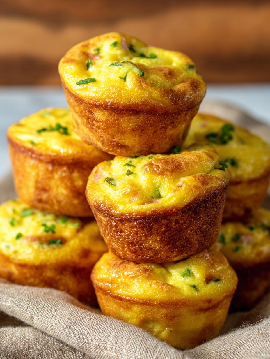 The image shows a stack of six mini egg muffins placed closely together on a beige cloth over a white marbled surface. Each muffin has one to two layers visible: the bottom layer is a golden-brown baked base with a textured crust, while the thick top layer is a fluffy, bright yellow egg mixture with small pieces of green herbs and bits of orange cheese scattered unevenly throughout. The muffins have rounded tops with a slightly rough, airy surface, showing some browning from baking. The overall look is warm and inviting with a soft, spongy texture on top and a firmer crust below. photo taken with an iphone --ar 2:3 --v 7