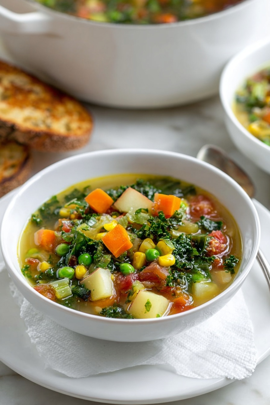 A white bowl filled with vegetable soup sits on a white plate over a white marbled surface. The soup has several layers of colorful vegetables including green kale leaves, orange carrot cubes, yellow corn kernels, green peas, and white chunks of potato, all swimming in a clear broth. The textures vary from soft to slightly firm, and some finely chopped herbs float on top. A piece of torn bread rests next to the bowl on the plate. Part of another white bowl filled with more soup is visible in the background. photo taken with an iphone --ar 2:3 --v 7