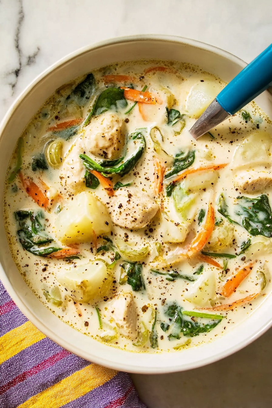 A creamy soup served in a white bowl filled with white sauce and visible layers of orange carrot strips, light green celery pieces, and dark green spinach leaves scattered throughout. There are small chunks of white chicken meat mixed in, with a spoon resting in the soup featuring a blue handle. The dish is sprinkled lightly with black pepper on top. The bowl is set on a white marbled surface next to a glass of water and a white cloth with brown and green stripes. Photo taken with an iphone --ar 2:3 --v 7