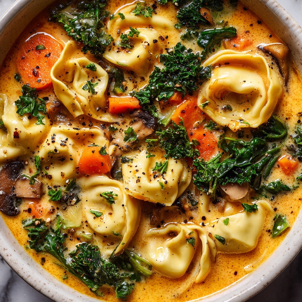 The image shows a close-up of a creamy soup in a white bowl with an orange broth base. The soup has three main layers: irregularly shaped, off-white pasta pieces floating on the surface; bright green kale leaves scattered throughout; and small, diced orange carrots mixed evenly in the broth. There are also bits of dark mushrooms and tiny black pepper flakes sprinkled through the soup. The texture looks smooth and slightly frothy around the edges with a glossy shine on the pasta and vegetables. The background is a white marbled surface. photo taken with an iphone --ar 2:3 --v 7