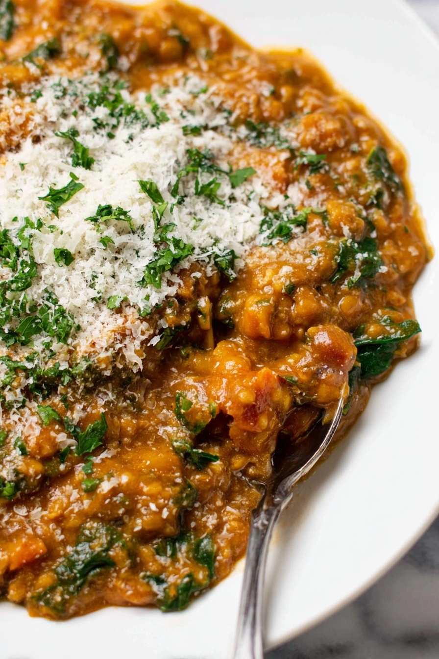 A white bowl holds a thick, orange-brown stew filled with tender chunks and green spinach leaves scattered throughout, topped with a sprinkle of white grated cheese and small green herb pieces. A silver spoon rests partially in the stew on the right side of the bowl. The bowl is set on a white marbled surface next to a yellow and white striped cloth napkin, and a glass containing a light yellow drink is visible in the upper right background. Photo taken with an iphone --ar 2:3 --v 7