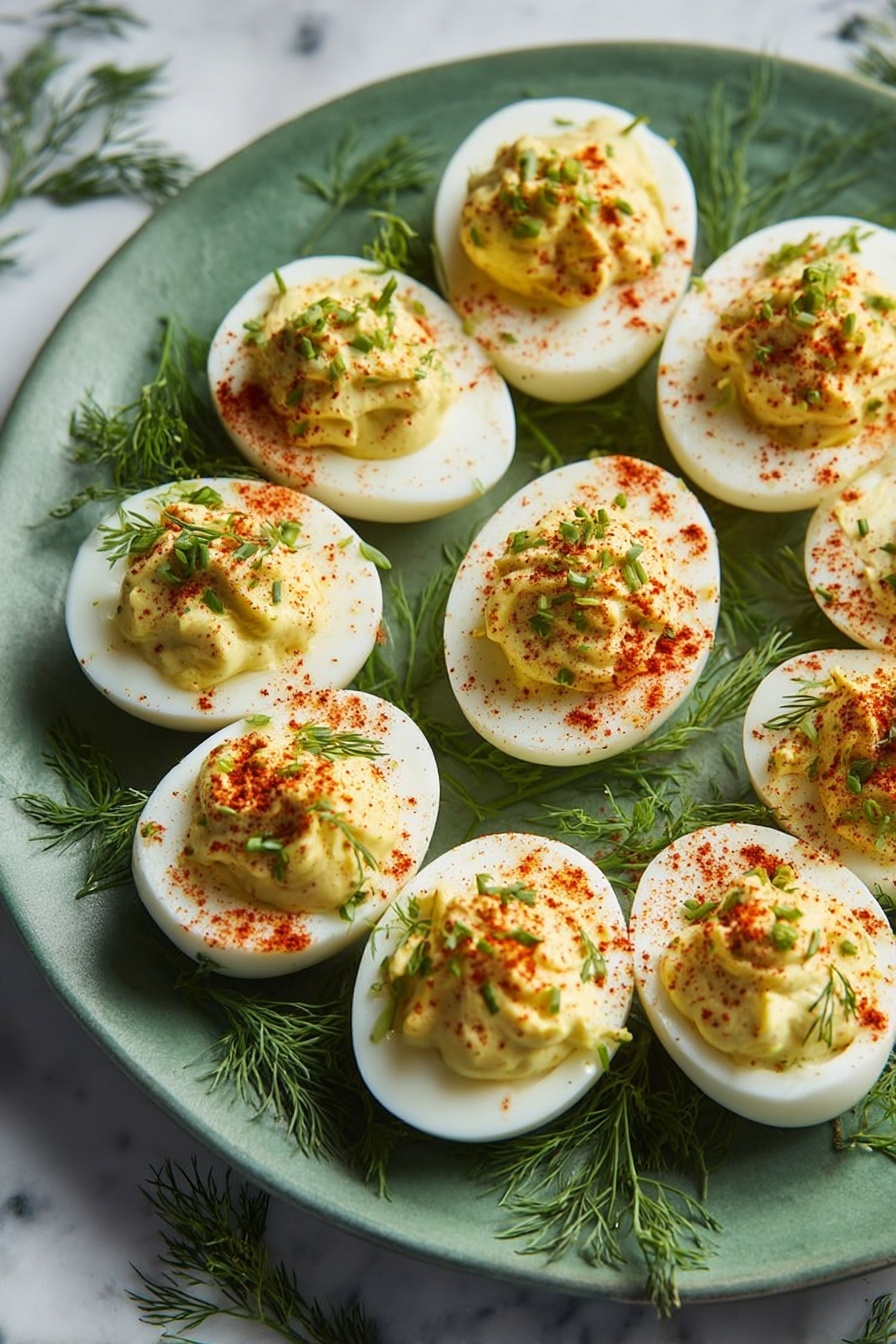 A round green plate holds eleven half white eggs filled with creamy yellow yolk mixture, each topped with a sprinkle of red powder and finely chopped green herbs. The eggs are arranged close together, filling nearly the entire plate. In the background and corners, fresh green dill sprigs lay on a white marbled surface, adding a natural touch to the simple presentation. photo taken with an iphone --ar 2:3 --v 7