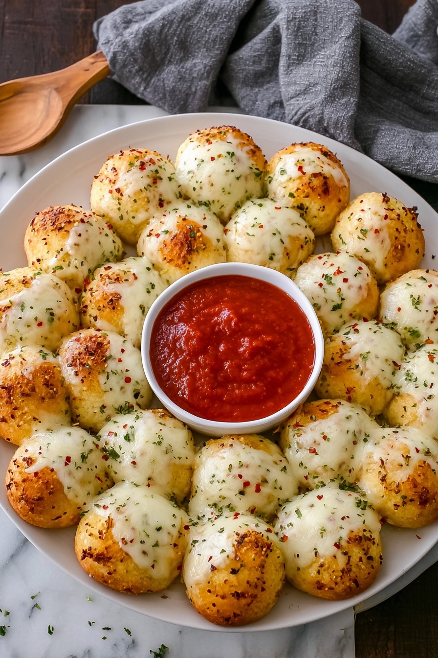 A round white plate holds a ring of 16 small golden bread rolls topped with melted white cheese and sprinkled green herbs, arranged in a flower shape. In the center, a white scalloped bowl is filled with thick red marinara sauce. A woman's hand is pulling one bread roll from the ring, stretching melted cheese strings between the roll and the rest. The plate is placed on a white marbled surface with a wooden coaster and a light gray cloth nearby. Photo taken with an iphone --ar 2:3 --v 7
