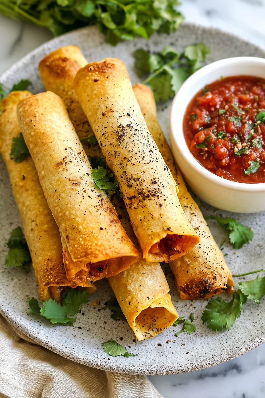 The image shows five crispy rolled tacos with a golden brown color on a white plate that looks like stone texture. The tacos are sprinkled with black pepper and surrounded by fresh green cilantro leaves scattered around and under them. On the right side of the plate, there is a small white bowl filled with chunky red salsa topped with some cilantro and black pepper. The background features a soft, white marbled surface with a light beige cloth and green cilantro in the upper left corner. Photo taken with an iphone --ar 2:3 --v 7
