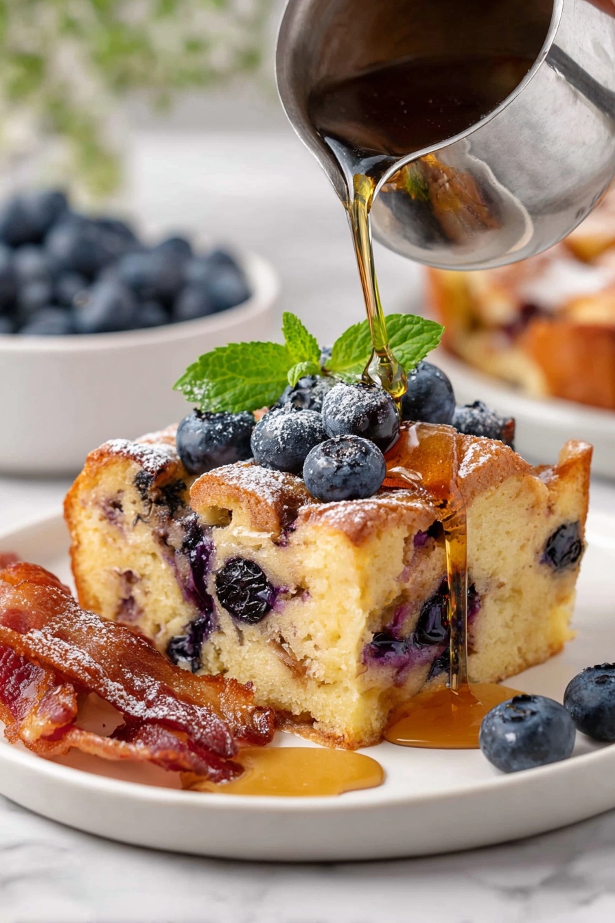 A thick square slice of bread pudding with visible blueberries inside and a golden-brown crust on top sits on a white plate with light ridges along the edge. The top layer shows a slightly crispy texture with dark blueberries embedded, powdered sugar dusted over it, and fresh blueberries and a small green mint leaf on top. Warm syrup is being poured from a metal pitcher, flowing over the front side and pooling on the plate below. The background features blurred bacon pieces and a bowl filled with fresh blueberries on a white marbled surface. photo taken with an iphone --ar 2:3 --v 7