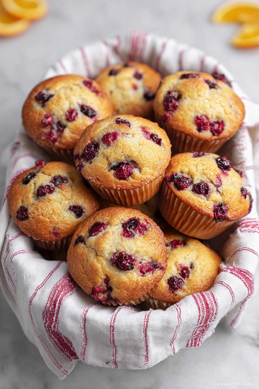 A white basket lined with a white cloth with red stripes holds nine golden-brown muffins filled with dark purple and bright red berries. The muffins appear soft and slightly rounded on top, with the berries peeking through the uneven surface of each muffin. The basket sits on a white marbled surface with blurred orange slices placed nearby. The scene feels warm and inviting, showing the muffins stacked closely together with some overlapping. Photo taken with an iphone --ar 2:3 --v 7