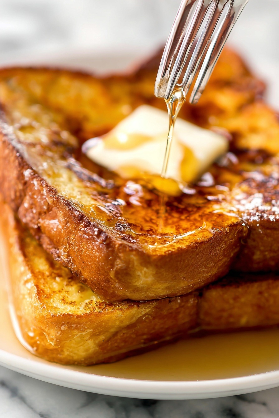 A stack of three thick slices of golden brown French toast sit on a white plate with syrup dripping down the sides. The top slice has a melting square of butter in the center, and a silver fork is pressing down gently on it, catching the shiny syrup. The toast looks soft inside but slightly crispy on the edges. The background has a soft focus with a white marbled surface underneath. photo taken with an iphone --ar 2:3 --v 7