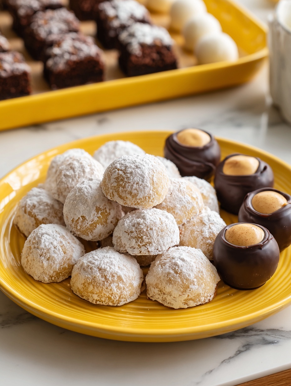 The image shows a white oval plate filled with two types of cookies placed side by side. On the left side, there is a pile of light beige cookies covered with a thick layer of white powdered sugar, giving them a soft, powdery texture. On the right side, there is a stack of round, dark brown chocolate-covered cookies with a smooth, shiny surface, revealing a light tan center on the top. The plate is set on a white marbled surface, and the background includes a soft blue area. photo taken with an iphone --ar 2:3 --v 7