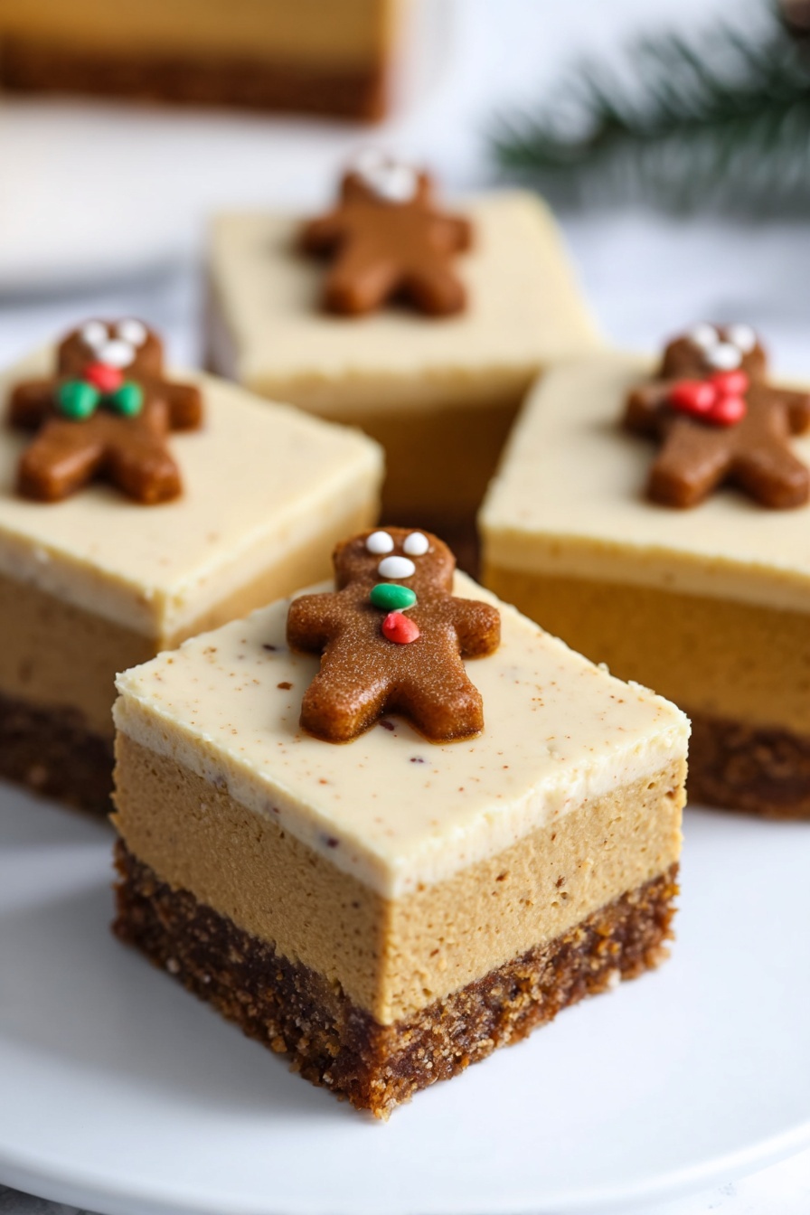 The image shows four square cheesecake slices arranged closely on a white rectangular plate set on a white marbled surface. Each slice has two visible layers: a thick bottom crust layer that is crumbly and dark brown, and a smooth, creamy light brown cheesecake layer on top. The top surface of each cheesecake is flat and glossy, adorned with a small gingerbread man decoration made of icing in brown, red, black, and green colors placed near the center. The background is softly blurred with warm tones, and the focus is on the front slice showing its texture clearly. photo taken with an iphone --ar 2:3 --v 7