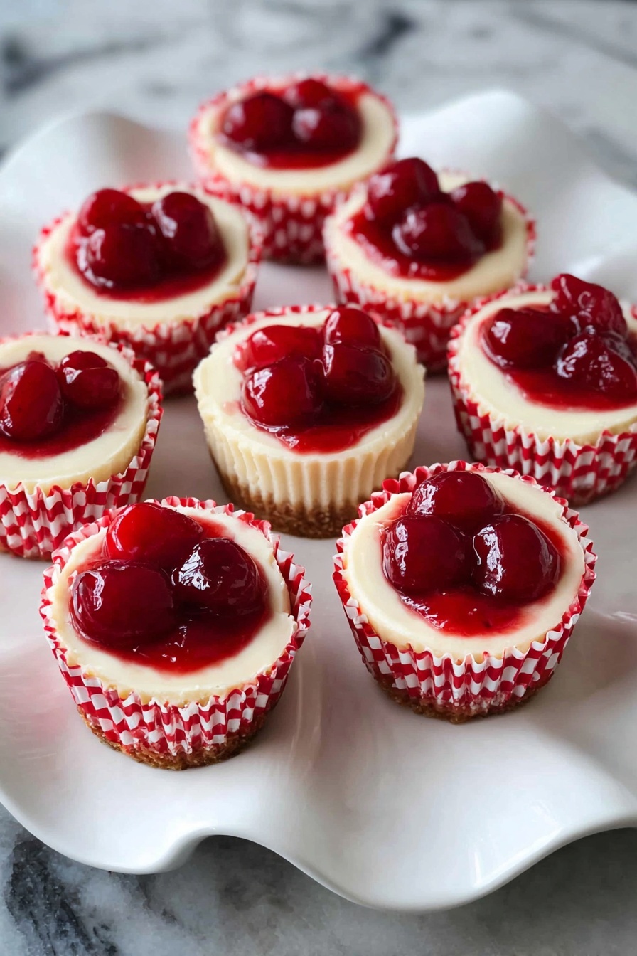 Seven small cheesecakes in white cupcake liners with red check patterns sit on a white scalloped cake stand. Each cheesecake has a smooth, creamy pale yellow layer topped with a glossy, thick layer of bright red cherry topping made from whole cherries in syrup. The cherry topping is slightly uneven with shiny reflections, giving a fresh and juicy look. The cake stand is placed on a white marbled surface. photo taken with an iphone --ar 2:3 --v 7