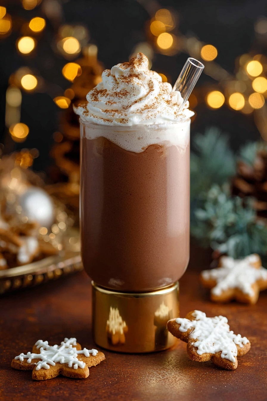 A tall clear glass with a shiny gold base holds a thick, light brown drink filling nearly to the top. The drink is topped with white whipped cream shaped in soft peaks, sprinkled with a light dust of brown powder. A clear glass straw is placed at the right side, leaning inside the drink. Around the glass, there are white frosted star and snowflake shaped cookies laying on a white marbled surface, with blurry warm yellow lights and festive decorations in the soft-focus background. photo taken with an iphone --ar 2:3 --v 7