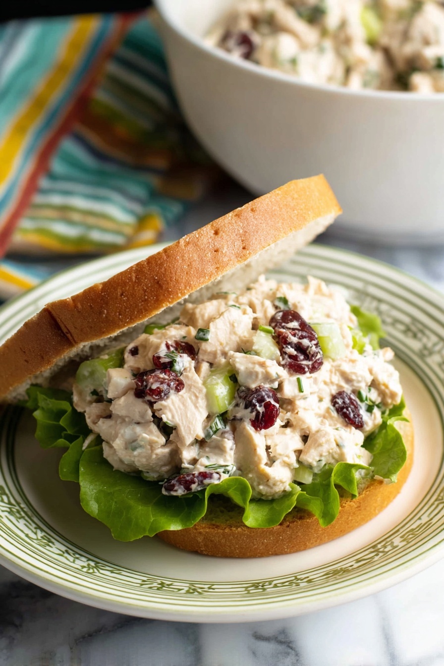 A sandwich with two slices of golden brown bread, one slice resting slightly tilted on top, filled with a creamy chicken salad that has visible chunks of white chicken, small red dried cranberries, green celery pieces, and chopped herbs mixed in. Underneath the chicken salad, there is a crisp green lettuce leaf on the bottom slice of bread. The sandwich is placed on a white plate with green stripes, set on a white marbled surface. In the background, a large white bowl filled with more chicken salad and a green-striped cloth are partially visible. Photo taken with an iphone --ar 2:3 --v 7