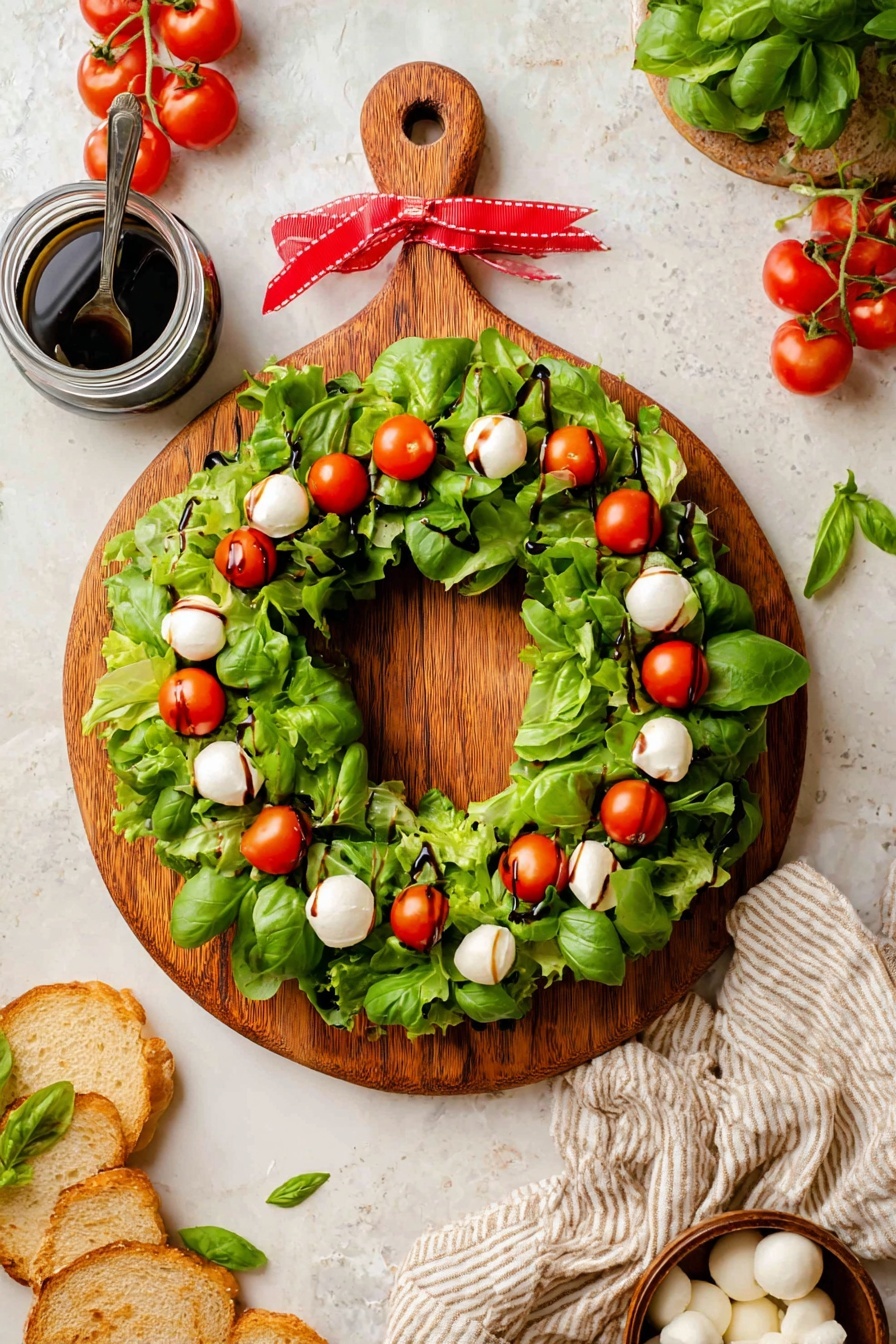 A round wooden board holds a wreath-shaped salad with two main layers: the base layer is made of fresh green arugula and spinach leaves spread in a circular shape, while the top layer has bright red grape tomatoes and small white mozzarella balls scattered evenly around the wreath. There are small green basil leaves mixed in, and a thin drizzle of dark balsamic glaze adds a shiny contrast on the greens and cheese. The board is placed on a white marbled surface with some loose green basil and grape tomatoes to the top left, a small bowl of mozzarella balls to the right, toasted bread slices at the bottom left, and a beige striped cloth napkin at the bottom right. A small glass jar of dark balsamic glaze with a spoon stands at the top left side of the board. A piece of red cloth tied in a bow is looped through the wooden board's handle. photo taken with an iphone --ar 2:3 --v 7