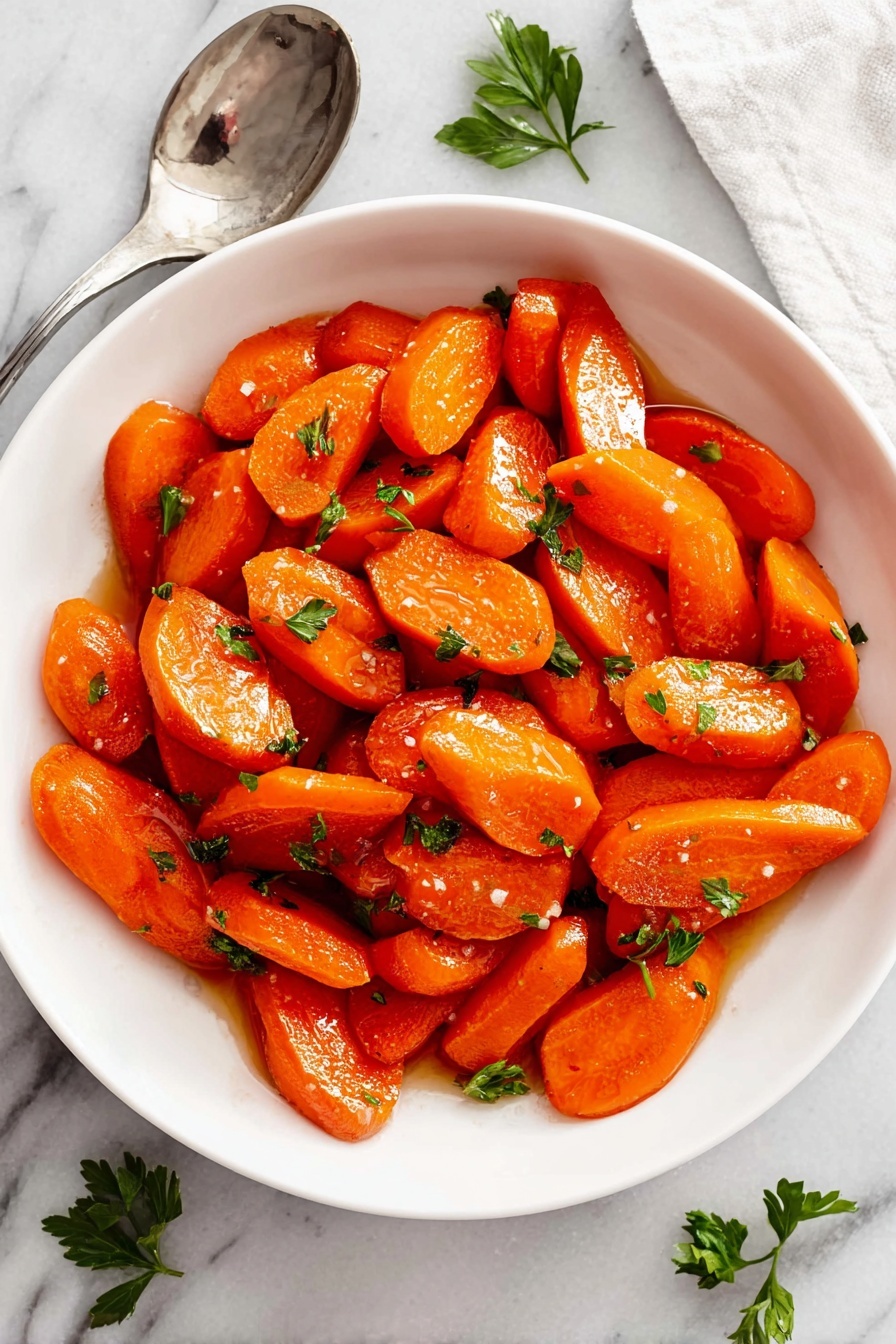 The image shows a white bowl filled with cooked carrots that are cut into thick, chunky slices. The carrots are bright orange and coated with a shiny layer of seasoning or sauce, giving them a glossy texture. Small pieces of green parsley are scattered on top, adding a fresh color contrast. The bowl is placed on a white marbled surface, with a few parsley leaves visible in the background. The lighting highlights the smooth, soft texture of the cooked carrots, making them look warm and inviting. photo taken with an iphone --ar 2:3 --v 7