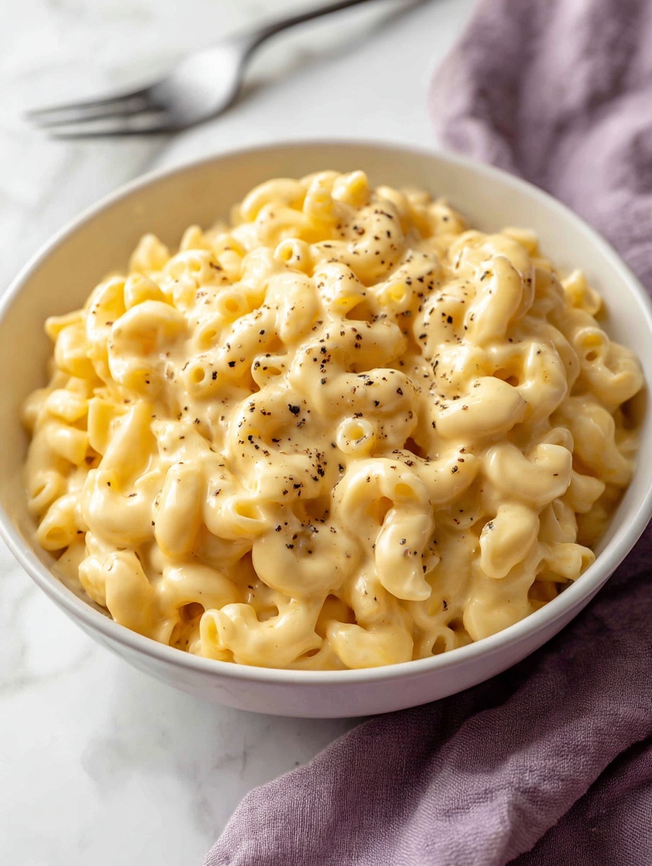 A white bowl filled with creamy macaroni and cheese, showing a thick layer of melted cheese coating each piece of elbow macaroni in a pale yellow color with small black pepper specks. A woman's hand is holding a fork lifting a bite of the macaroni, with melted cheese stretching between the fork and the bowl, highlighting the rich texture of the dish. The background has a white marbled texture with a purple cloth softly blurred in the distance. photo taken with an iphone --ar 2:3 --v 7