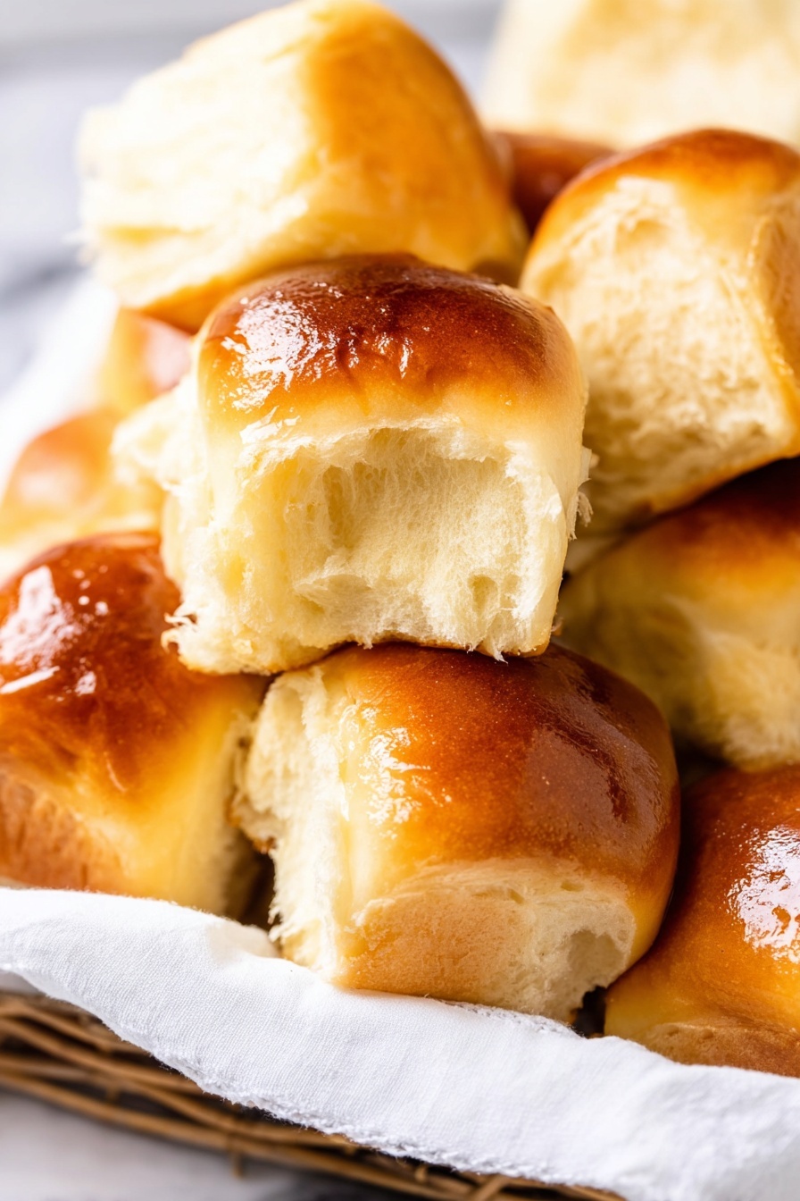 The image shows a close-up of a pile of soft golden brown dinner rolls with a shiny, slightly glazed surface. The rolls have a smooth, slightly rounded top layer that is evenly browned and glossy. Inside, the bread texture is fluffy, light cream in color, and looks soft and airy. Some rolls are whole, showing the smooth top, and others are torn open to reveal the soft inside. The rolls are placed closely together in a basket. The background is a white marbled texture. Photo taken with an iphone --ar 2:3 --v 7